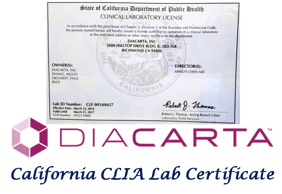 DiaCarta Granted CLIA Lab Certificate